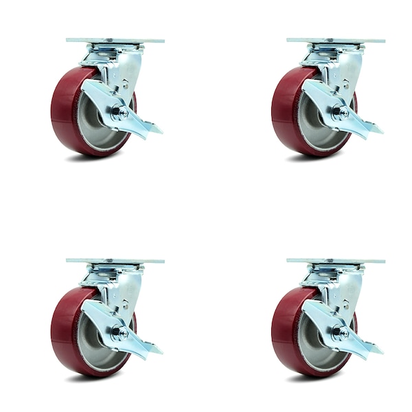 5 Inch Poly on Aluminum Swivel Caster Set with Ball Bearings and Brakes SCC
